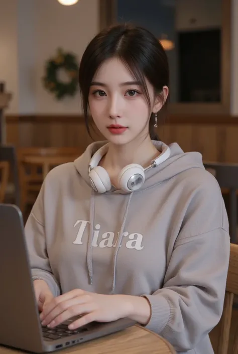  create real 3d image ,  korean babe , age 18 years,  wearing ash shirt , ash hood ,  wearing white headphones, baground di kafe,  typing on laptop ,  written on shirt  "tiara"