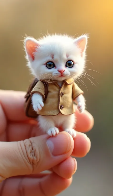 An ultra-realistic image in the style of Disney and Pixar, depicting a tiny white kitten dressed in an adorable school uniform complete with a miniature school bag. The kitten is so incredibly small that it fits snugly on two extended human fingers, emphas...