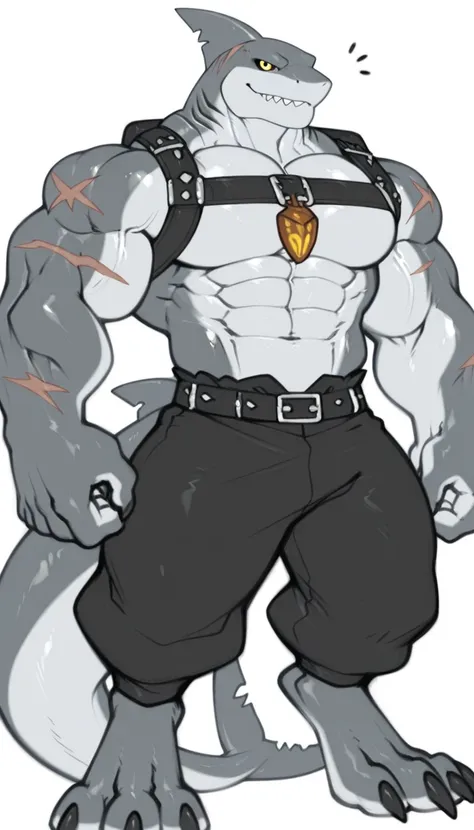 sharkman, anthro maco shark, darker hands and fins, gray body, solo, big arms, bara, detailed skin on abs, lizard shark hybrid, anthro, Polynesian tattoos on arms and body, yellow eyes
detailed shark skin, a combination of dark grays, for the shark feature...