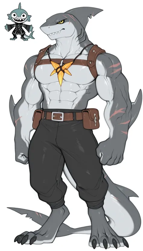 sharkman, anthro maco shark, darker hands and fins, gray body, solo, big arms, bara, detailed skin on abs, lizard shark hybrid, anthro, Polynesian tattoos on arms and body, yellow eyes
detailed shark skin, a combination of dark grays, for the shark feature...