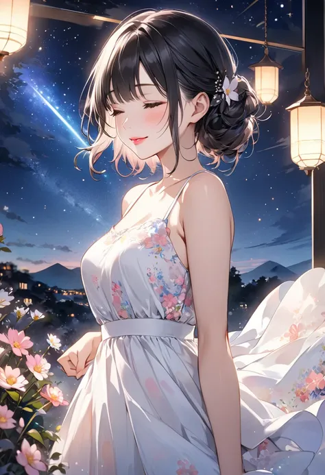  intense watercolor、 young Japanese woman 、white dress with bright flower pattern、 black hair、 pink lips、Cute Face、 moderate breasts at night、 Very Beautiful 、 Close Your Eyes and Smile、Beautiful night view、 starry sky 、 shooting star、 high definition、 bes...