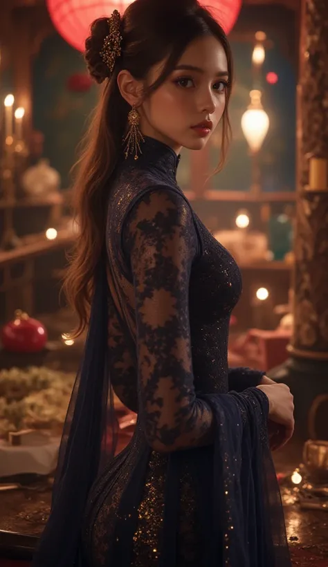 ( RAW photo,) (Random shot,  full body in the frame, side view focus ,  Dutch Angle ), (( anna de armas ,) ( traditional Chinese dress, in one piece,  dark navy blue , Long lasting, elegant, Bordado, Decoration, fascinating,) Merry Christmas , Posing at ra...