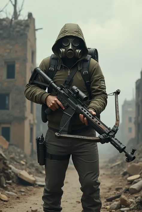 A person with gass mask hold a crossbow 