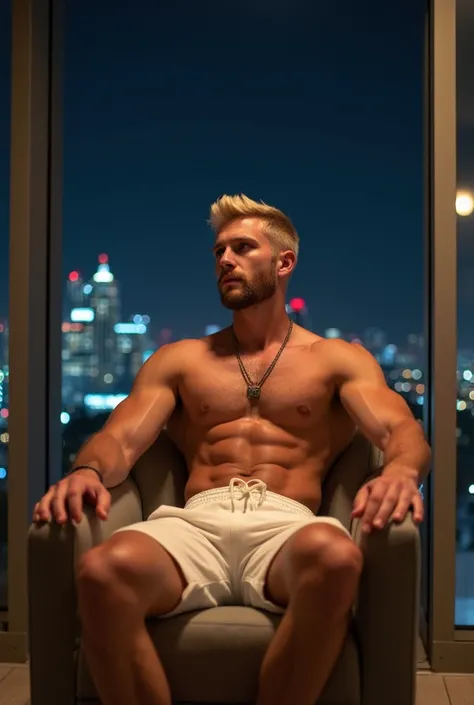 man 25 years old, model, strong, theo janes, muito alto e strong, muscular, porte fisico strong, cabelo classic hair blonde super claro, short beard, blonde,  square face , white light skin,  blue eyes, strong e muscular, wearing wide white shorts, shirtle...