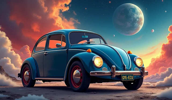 Photo panoramique,  type abstrait d'une voiture Volkswagen Coccinelle,  avec des fonds artistiques qui simulent être au milieu de l'espace, à côté des planètes ,  que leur plaque est  "GYE-ECU ".