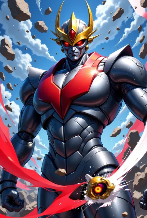 This is a vibrant, digitally created illustration in the anime style, depicting a character from the "Mazinger Z" series. The central figure is Mazinger Z, a robot with a metallic, shiny, and dark gray body. He has a large, angular helmet with a red visor ...