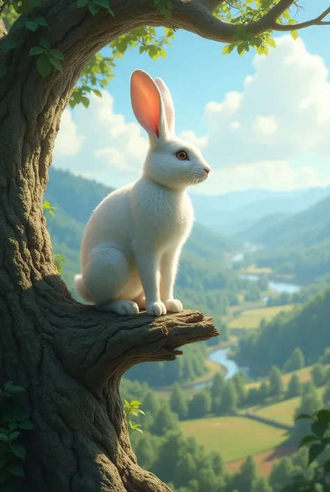 A white rabbit stands with its back on the top of a tree and looks at the landscape.