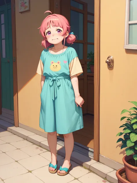 kawaii anime , petit chest girl , Anarchy balcony sandal , (kawaii:0.3), ugly face , ugly loose body , (Freckles:0.9) , dull Fluttery clothes , shy geek