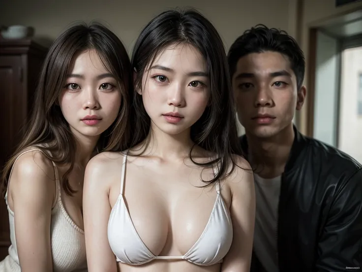 Ultrarealistic, photorealistic, UltraHD, 8k, two Asian women and an Asian man in the center, pose