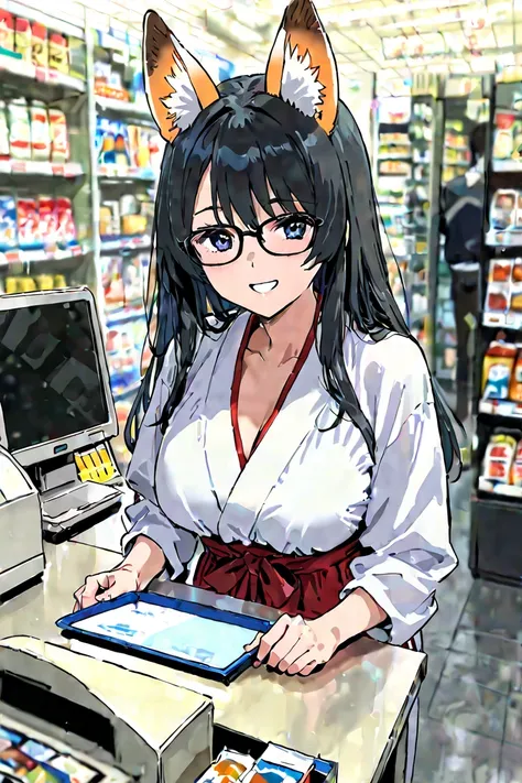 She is a shrine maiden with gray fox ears and black glasses and stands smiling in front of the cash register at a convenience store