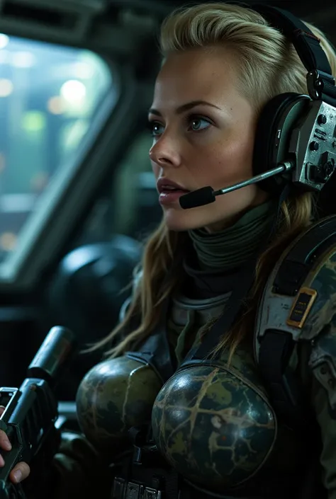 In a dark industrial alien set, female colonial marine massively breasts,wearing colonial marines costume in a spaceship pilot seat. Large breasts . Holding colonial marines pulse tifle