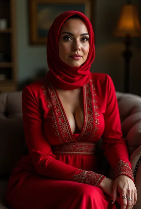 MILF woman wearing red hijab dress with open big breasts and sexy body sitting alone in her house