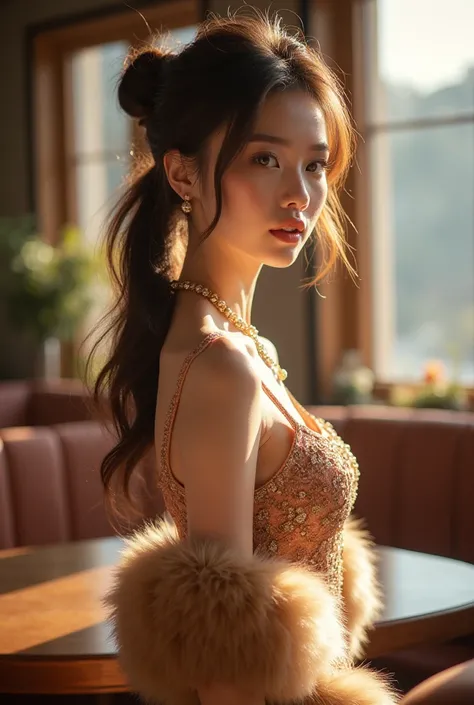 :  描述最高品質和 natural sunlight  使用 Canon 5D 拍攝的, super realistic photo ，     A beautiful slim figure  ，Big girl    ,     brown tied to two ponytails     ， ,      She is wearing a beautifully designed  、  Gorgeous young fox fur dress and boots  ，    The above ...