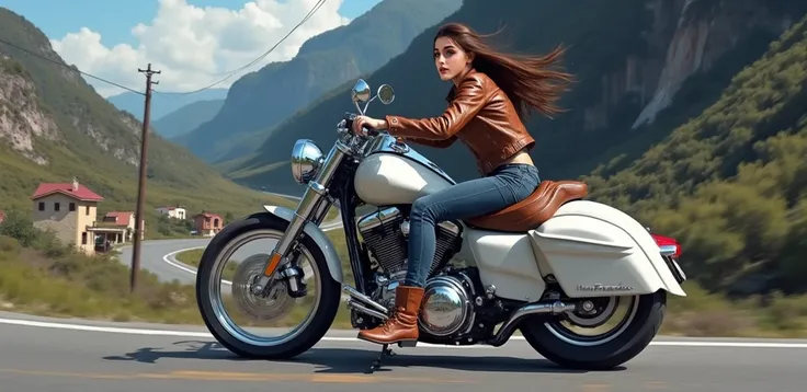 She is riding a motorcycle,Skinny blur jeans and brown boots,
