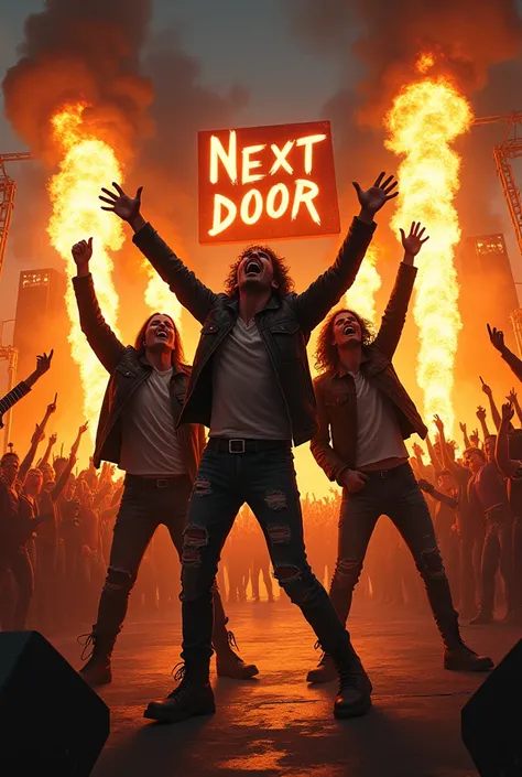 Create an image of rockers happy with the stage on fire at a rock concert with the nextdoor sign 