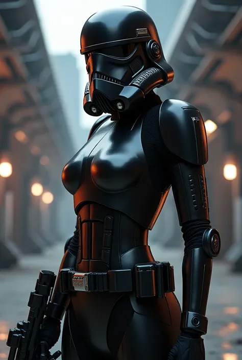 Sexy female stormtrooper (Star Wars), armored leotard, wearing black helmet, black armor