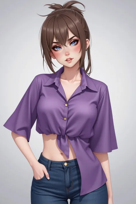 Una mujer adulta madre en Purple top en satin and jeans, cuerpo grueso, portrait of a character from Kentaro Miura ,  trend in artstation , what is?, Realistic 3D anime style, Pose casual, Purple top,  brown hair tied up ,  gray eyes , realistic and perfec...