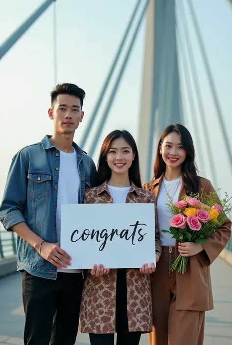 full body view from below showing 1 handsome Asian-faced man, and 2 beautiful Asian-faced women, wearing plain tops and long-sleeved jeans jackets, posing focused in front of the camera while carrying a sign that says "congrats 3K EBFNA GROUP MEMBERS", and...