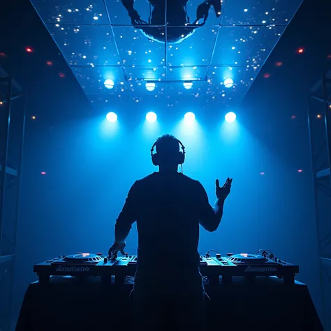 Image of a BLACK DJ background blue light and laser lighting a disc mirrored on the ceiling