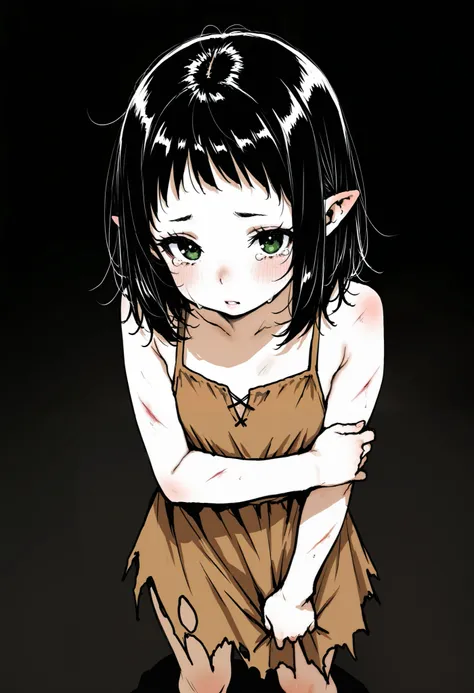 by ponsuke (pon00000), sketch, limited palette, 1girl, young girl, petite, dark green eyes, black hair, short bangs, medium hair, pointy ears, bruises, injury, brown sundress, torn dress, from above, looking at viewer, tired, parted lips, looking down, gra...