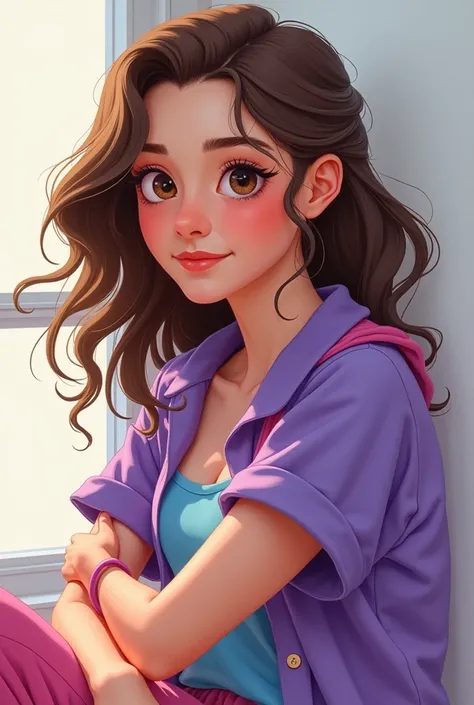   , From cartoon ,  brown eyes,  loose brown hair, clothes purple blue pink,  relaxing 