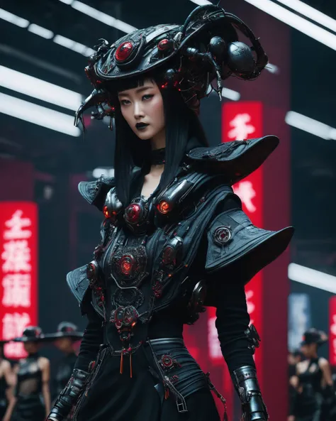   Alien Technology's Fashion Runway ,  very beautiful cyberpunk  , Inspired by Chinese Immortals and Dark Gothic 。( best quality ,4K,8k, high resolution,Masterpiece:1.2), ( realistic, photorealistic, photorealisticな:1.37).