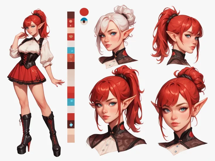 Character reference sheet of 1 asian looking female elf, showing a front view, sideview and three-quarters view, round face, pouty pink lips, red hair on three quarters 
of the right of her head and white hair on the rest, hairstyle is a ponytail with bang...