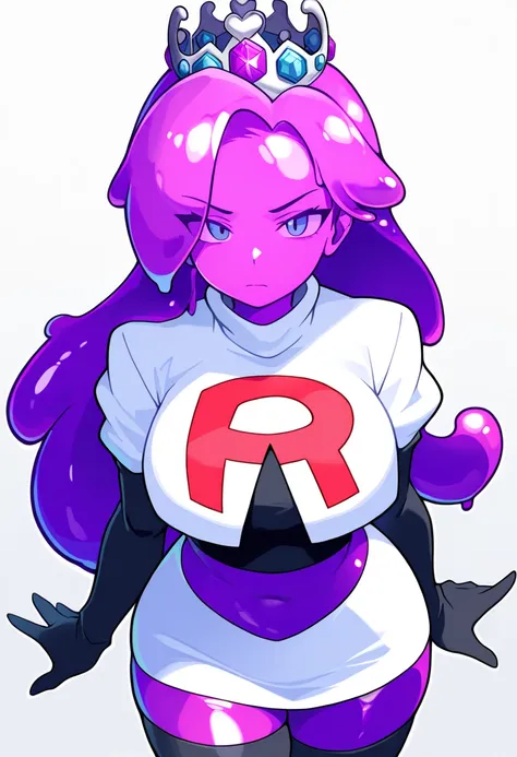 masterpiece, best quality, 1girl, solo, looking at viewer, queenslime, long hair, crown, colored skin, slime girl, large breasts, curvy, purple hair, team rocket,team rocket uniform,white skirt,red letter R,crop top,black thigh-highs,black elbow gloves, co...