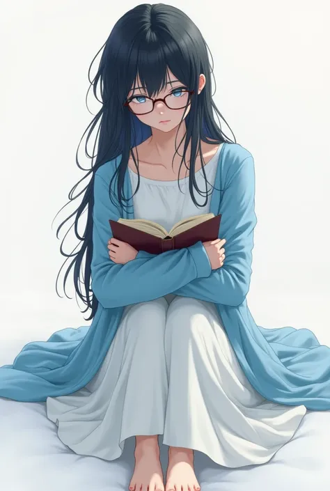 anime  girl, long black messy hair, blue eyes with eyeshadow, glasses, tired look, white single piece long dress, open blue sweater, bare feet, holding a book