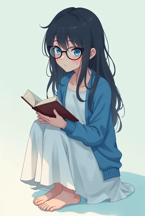 anime  girl, long black messy hair, blue eyes with eyeshadow, glasses, tired look, white single piece long dress, open blue sweater, bare feet, holding a book