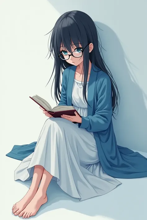 anime  girl, long black messy hair, blue eyes with eyeshadow, glasses, tired look, white single piece long dress, open blue sweater, bare feet, holding a book