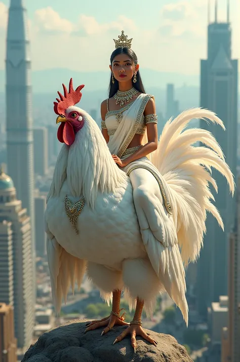 A goddess is sitting on a white rooster and the background is of a big city and the goddess is full saree and full blouse costume in 3D 