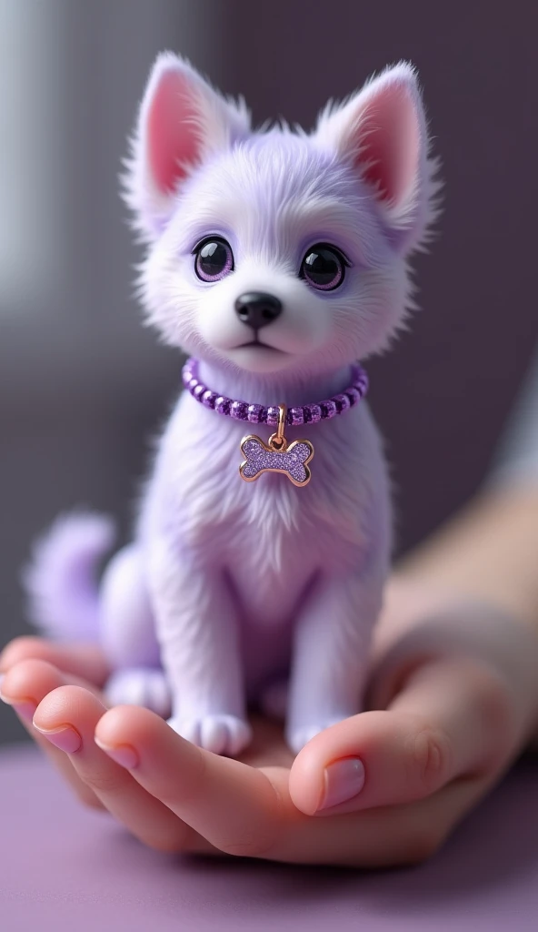  A photograph of a miniature of a real dog in light lilac with lavender,  the dog is wearing a purple chain with a shimmering lilac bone pendant ,He's sitting on a human hand  .  I want realism   .