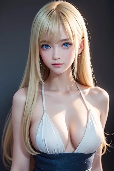  clear, bright white glossy skin 、強風のBlondeがかわいい顔の前で激しくなびく、 huge boobs、 cute sexy little beautiful face of a  、 beautiful super long straight blonde hair that shines 、Big, bright mint white, emerald, classy blue eyes that shine so beautifully、Very big eyes...