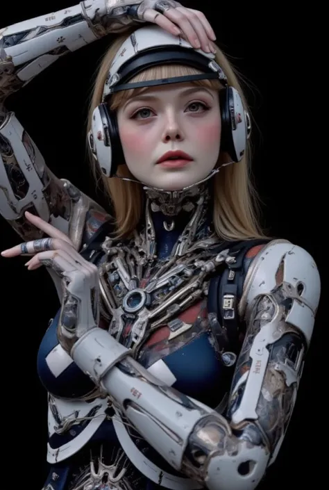 Elle Fanning, ultra-realistic, photorealistic, dramatic scene, shadow, global-illumination, solo, perfect anatomy, perfect fingers, (age cyborg), very beautiful with very cute face, detailed face skin texture, wide smile, (modern maid but futuristic cyborg...