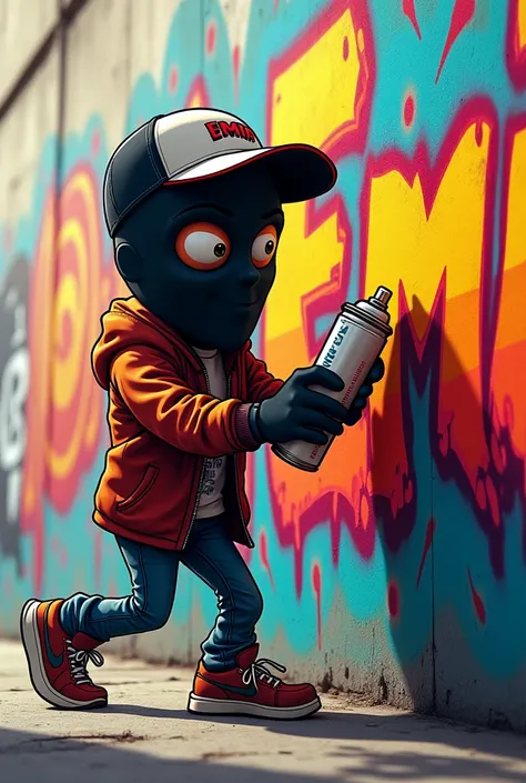 Graffiti personnage caricature animé 
 graffeur avec masque aerosol et casquette hip hop qui utilise une bombe aerosol pour faire son tag emir
