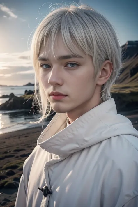 White-haired man in traditional Icelandic costume. High resolution and with the face of Kim Taehyung 