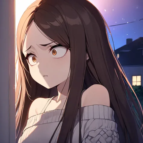 Girl, has dark brown hair with some gold strands, long hair, curtain bangs showing a lot of her large forehead, brown narrow eyes, light skin, wearing a shoulderless sweater, has shoulders exposed, slightly thicc, HD, tomboyish, night time, tall girl, subu...