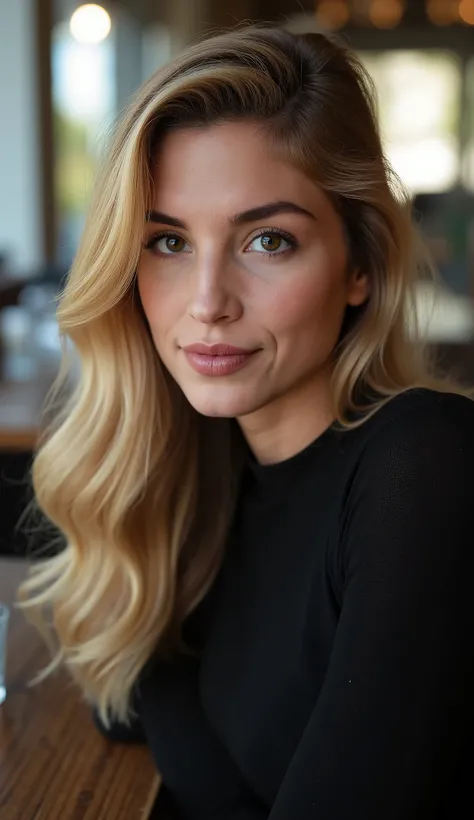 This is a beautiful  closeup photograph of a woman, she has long straight blonde hair swept to one side and dark blue eyes.  Wearing a form fitting  black dress,  Sitting in a cafe. Flirting at the viewer. Smile, Captured with a Sony A7R IV camera and a 50...