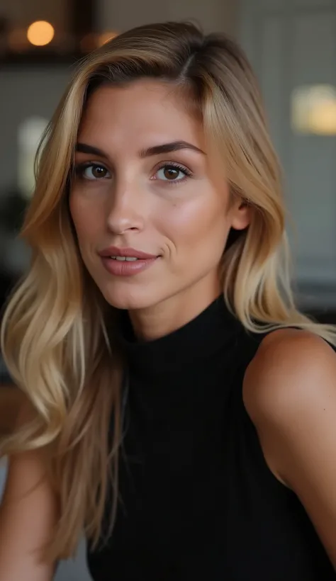 This is a beautiful  closeup photograph of a woman, she has long straight blonde hair swept to one side and dark blue eyes.  Wearing a form fitting  black dress,  Sitting in a cafe. Flirting at the viewer. Smile, Captured with a Sony A7R IV camera and a 50...