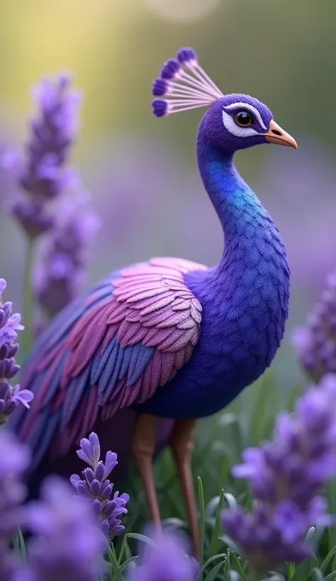 A miniature of a purple lavender peacock with shiny tail feathers, He is in a garden where there are several lavenders