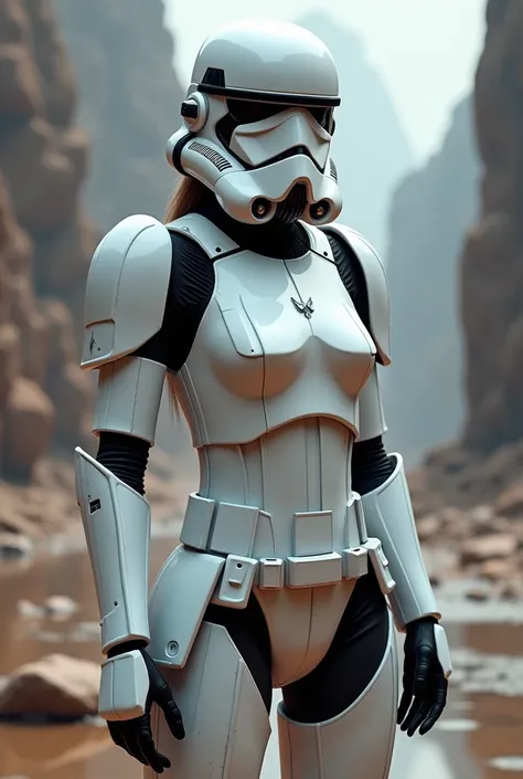 Sexy female stormtrooper (Star Wars), armored leotard, wearing white helmet, white armor