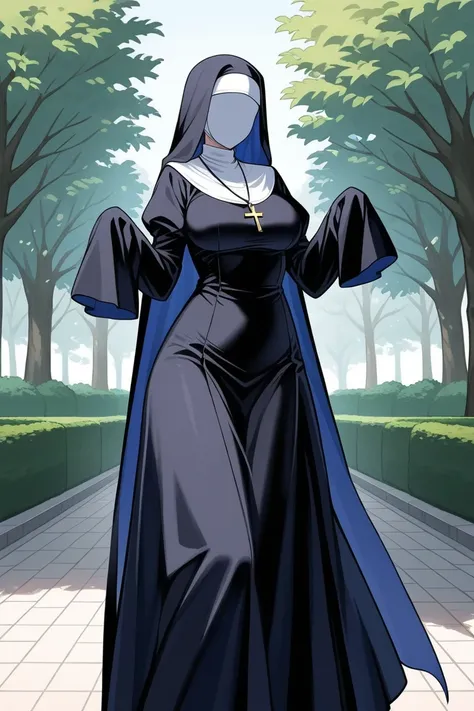 (1girl, solo) Nun, long skirt, long over loose sleeves, faceless, handless, nun outfits, symbol veil, veil face, veil covered face, sleeves past wrists, breasts, sleeves past fingers, long cape, midnight dark blue cape, overly long sleeves, wide open loose...