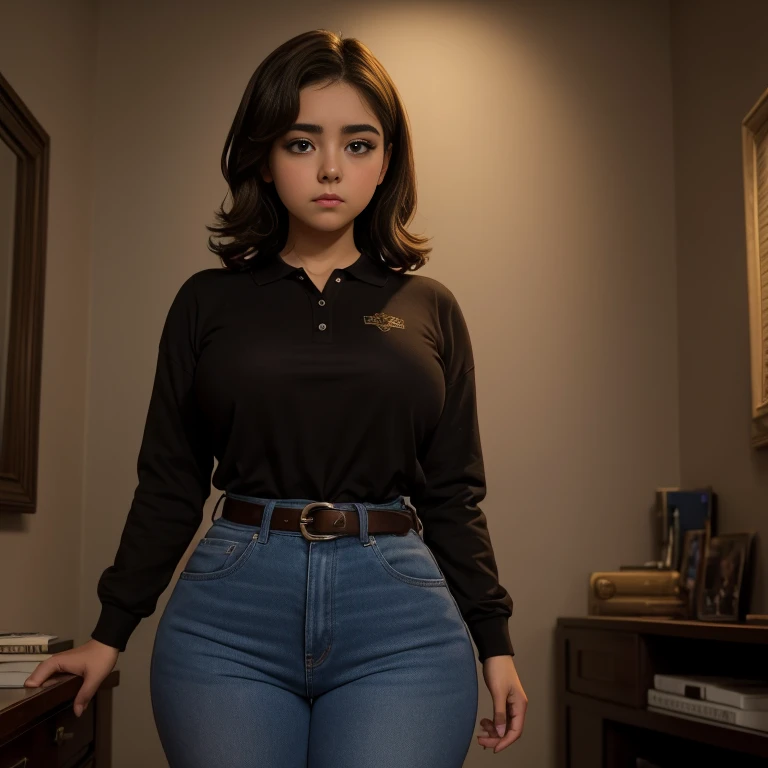 90s dark vintage film style, A timid petite cute slightly chubby Mexican nerdy emo , short brown hair, beautiful detailed brown eyes, cutely detailed lips, cute highly detailed eyes and face, round shape face, small breasts, huge wide pearshaped hips, long...