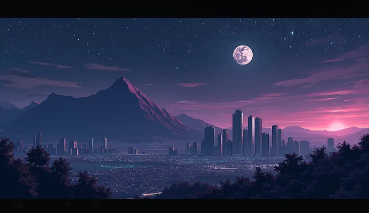 GTA San Andras-style illustration of a skyline landscape with mountains and a sky with an extremely starry mystical aura and a waxing moon,  in the colors black, purple, Baby blue and pink