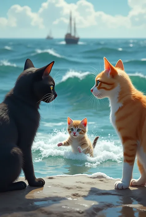 While the two cats where watching the kitten fell in to the sea