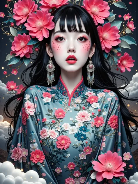  fantastic mood portraits ，Freehand ， bizarre and dreamy ， a real world in a dream ， ink blowing art ，philosophy。 Seemingly minimal ， rich ，Black and White， a sea of red flowers in a black and white world， a world of error ， people want to escape the world...