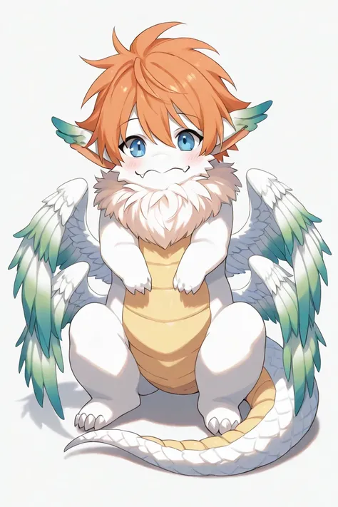 orange hair, source_anime,solo femboy,dragon,highest quality,dragon tail, cute, white body,feathered wings , wings, neck fur, low wings, mulch wings