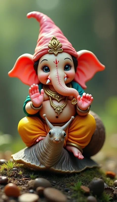 stunning image of a cute adorable Lord Ganesh gnome sitting on top of a snail, Bliss full Happy, grainy, noisy, concept art Meaningful Visual Art, Detailed Painting, Digital Illustration, 32k, hyperdetailed fantasy art, 3d digital art, sharp focus, masterp...