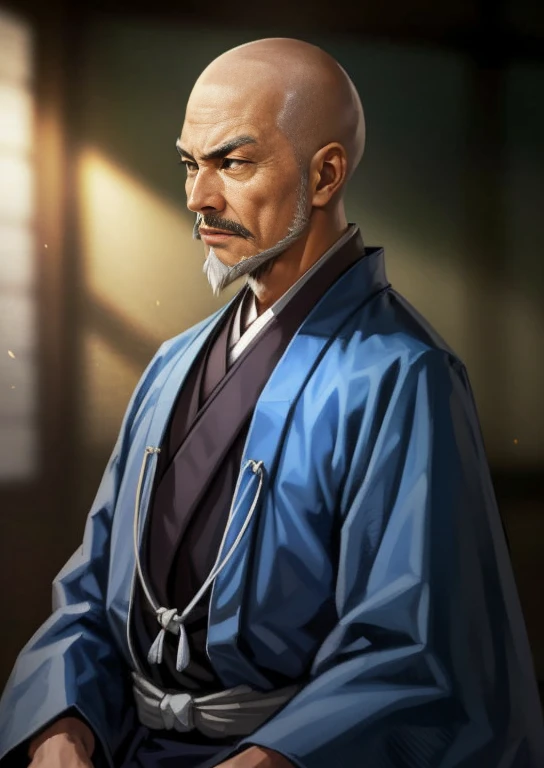 nobunaga ,head shot,from side,, a calm old man wearing a black kimono uniform of samurai from the Sengoku period,((The bald old man )),((A calm old man with a white beard )), blue sky